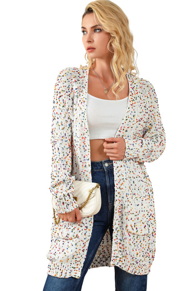 White Rainbow Popcorn Speckles Open Front Cardigan-Tops-MomFashion