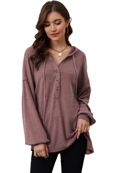 Buttoned High and Low Hem Hoodie-Tops-MomFashion