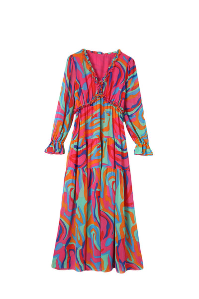 Multicolor Wild Lotus Ruffle Tiered Maxi Dress-Dresses-MomFashion