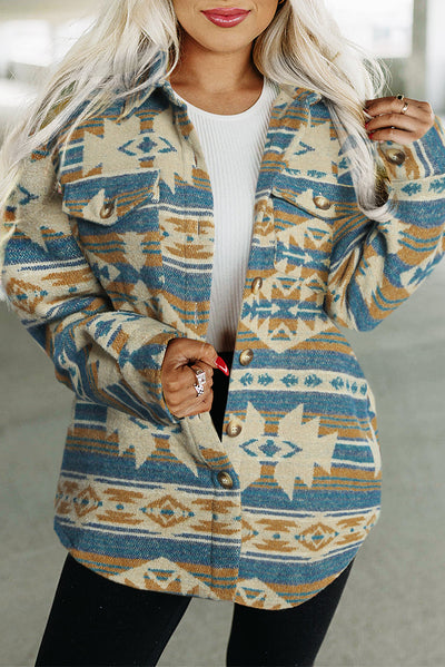 Blue Western Aztec Print Button Flap Pocket Shacket-Outerwear-MomFashion