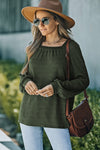 Green Scoop Neck Puff Sleeve Waffle Knit Top-Tops-MomFashion