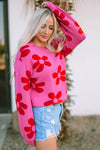 Rose Big Flower Knit Ribbed Trim Sweater-Tops-MomFashion