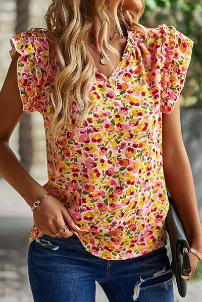 Yellow Floral Print Flutter Sleeve V Neck Tank Top-Tops-MomFashion