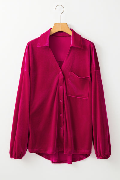 Pitaya Pink Buttoned V Neck Chest Pocket Velvet Shirt-Tops/Blouses & Shirts-MomFashion