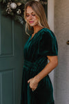 Evergreen Velvet Short Sleeve Shirred Waist Tiered Maxi Dress-Dresses/Maxi Dresses-MomFashion