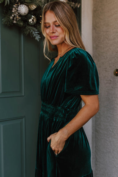 Evergreen Velvet Short Sleeve Shirred Waist Tiered Maxi Dress-Dresses/Maxi Dresses-MomFashion