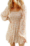 Apricot Boho Floral Smocked Puff Sleeve Mini Dress-Dresses-MomFashion