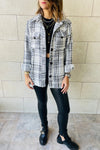 White Plaid Print Pocketed Shirt Jacket-Outerwear-MomFashion