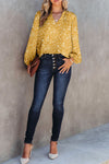 Yellow Split Neck Fall Printed Crinkled Blouse-Tops-MomFashion