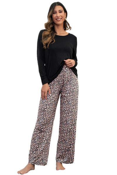 Long Sleeve Top and Leopard Print Pants Lounge Set-Loungewear-MomFashion