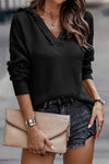 Black V Neck Ribbed Drop Shoulder Hooded Sweater-Tops-MomFashion