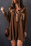 Brown Waffle Knit Buttoned Long Sleeve Top-Tops-MomFashion