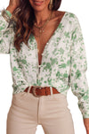 Green Printed Pearl Button V Neck Sweater Cardigan-Tops-MomFashion