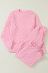 Pink Solid Quilted Pullover and Pants Outfit-Loungewear-MomFashion