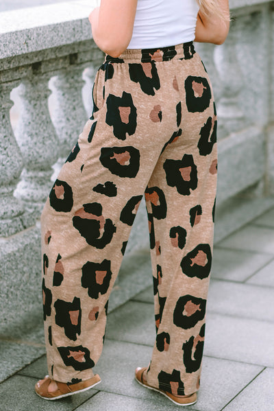 Leopard Drawstring Wide Leg Casual Pants-Bottoms-MomFashion