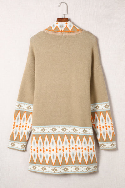 Khaki Aztec Print Open Front Knitted Cardigan-Tops-MomFashion