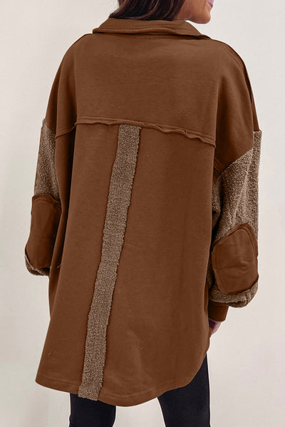 Chestnut Exposed Seam Elbow Patch Oversized Shacket-Outerwear-MomFashion