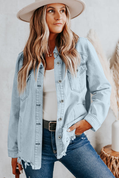 Sky Blue Flap Pocket Buttoned Raw Hem Denim Jacket-Outerwear-MomFashion