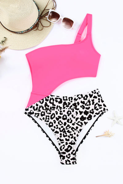 Rose Leopard Patchwork Asymmetric Cutout One Piece Swimsuit-Swimwear-MomFashion