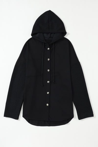 Black Button Up Contrast Knitted Sleeves Hooded Jacket-Outerwear-MomFashion