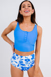 Blue Square Neck Sleeveless Fashion Print Tankini Set-Swimwear-MomFashion