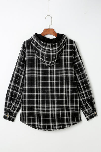 Black Plaid Pattern Sherpa Lined Hooded Shacket-Outerwear-MomFashion