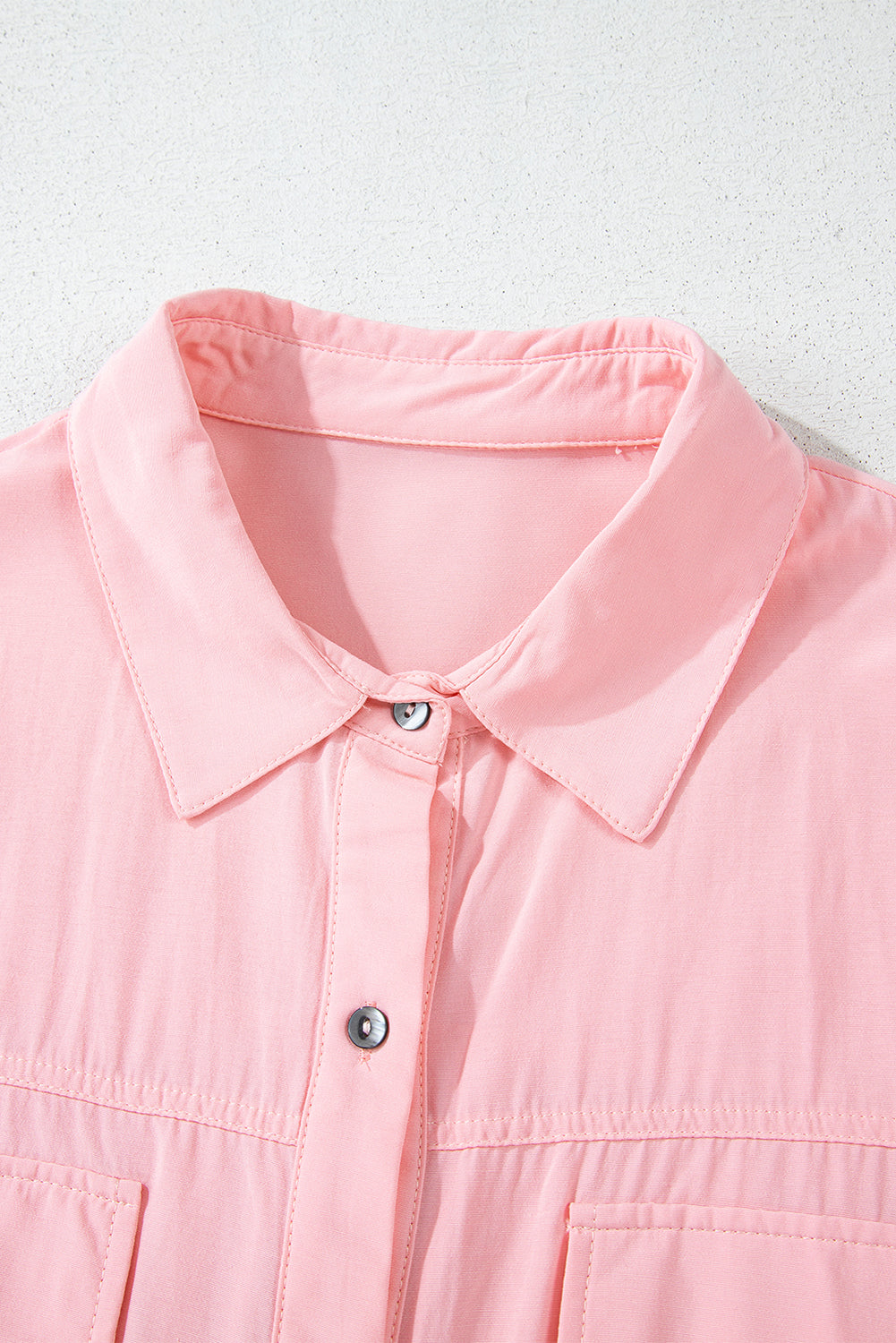 Pink Flap Pocket Tab Sleeve Button-Down Plus Size Shirt-Plus Size-MomFashion