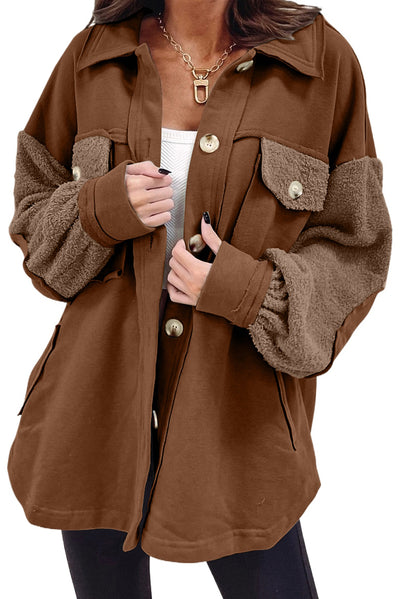 Chestnut Exposed Seam Elbow Patch Oversized Shacket-Outerwear-MomFashion