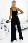 Black Spaghetti Straps Slit Leg Jumpsuit with Pockets-Bottoms-MomFashion