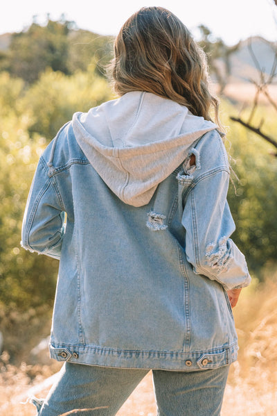 Sky Blue Button Closure Ripped Hooded Denim Jacket-Outerwear-MomFashion