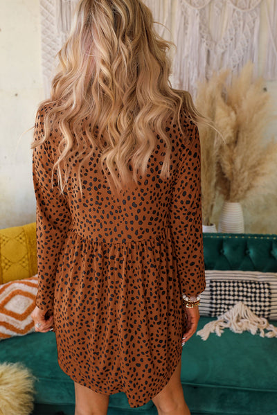 Brown Leopard Long Sleeve Babydoll Dress-Dresses-MomFashion