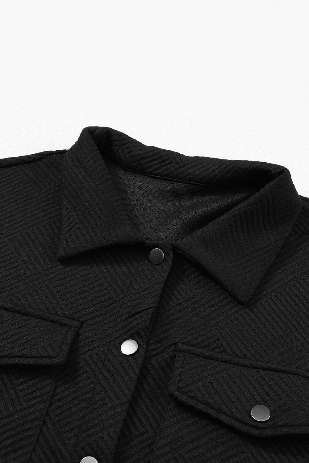 Black Solid Textured Flap Pocket Buttoned Shacket-Outerwear-MomFashion