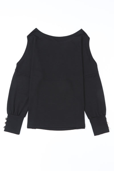 Black Asymmetrical Cut Out Buttoned Long Sleeve Top-Tops-MomFashion