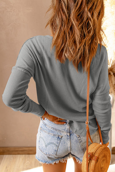 Gray Waffle Knit Henley Top-Tops-MomFashion