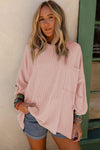 Pink Ribbed Roll-tab Sleeve Chest Pocket Oversize Top-Tops-MomFashion