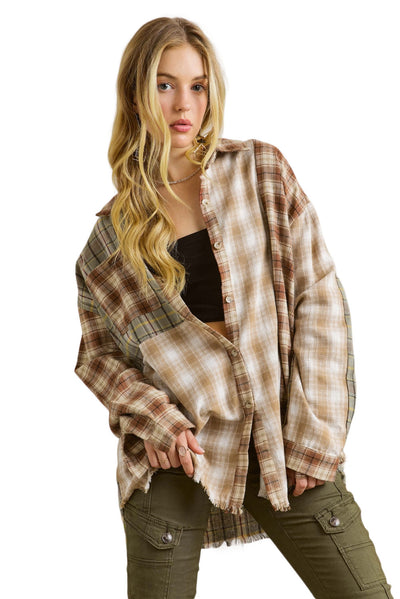 Brown Multi Plaid Patchwork Raw Edge Casual Shirt-Tops-MomFashion