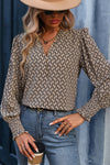 Light French Beige Frenchy Printed Frill V Neck Long Sleeve Blouse-Tops-MomFashion