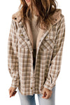 Khaki Plaid Pattern Sherpa Lined Hooded Shacket-Outerwear-MomFashion