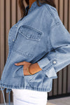 Sky Blue Roll-Up Tab Sleeve Button Down Pocket Denim Jacket-Outerwear-MomFashion