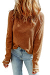 Brown Textured Round Neck Long Sleeve Top-Tops-MomFashion