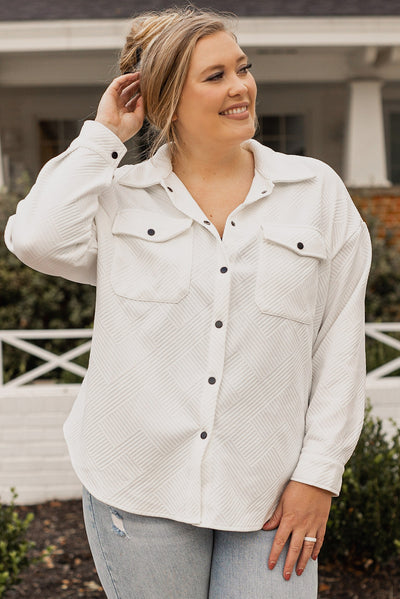 Beige Plus Size Textured Flap Pockets Jacket-Plus Size-MomFashion