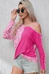 Rose Contrast Leopard Asymmetric Cold Shoulder Crossed Hem Top-Tops-MomFashion