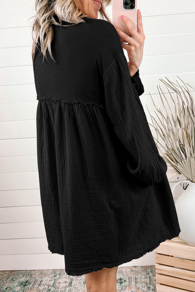 Black Patchwork Crinkle Puff Sleeve Shirt Dress-Dresses-MomFashion