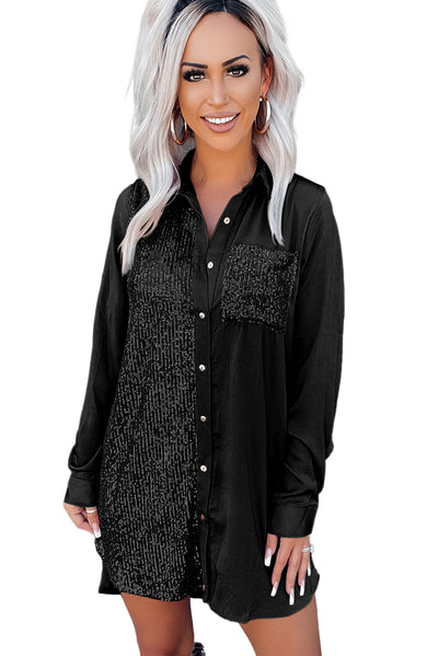 Black Sequin Splicing Pocket Buttoned Shirt Dress-Dresses-MomFashion