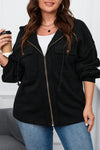 Black Plus Size Bishop Sleeve Zip Up Hooded Jacket-Plus Size-MomFashion