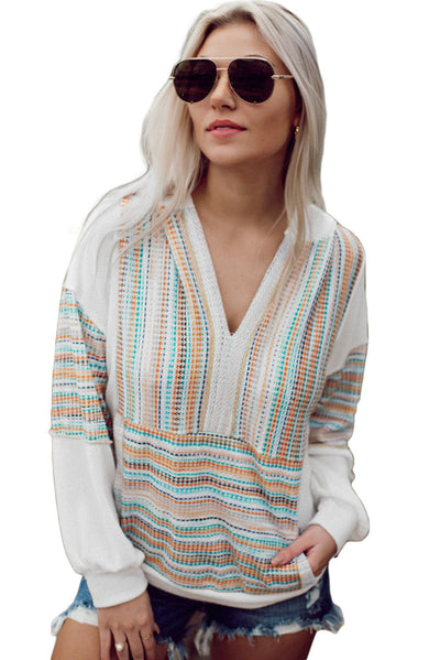 Multicolor Striped Patchwork V Neck Drop Shoulder Knit Hoodie-Tops-MomFashion