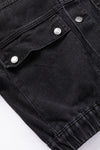 Black Metal Buttons Flap Pocket Drop Shoulder Denim Jacket-Outerwear-MomFashion