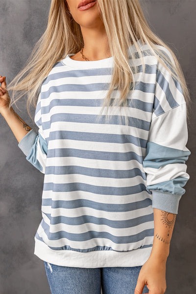 Stripe Drop Shoulder Striped Pullover Sweatshirt-Tops-MomFashion