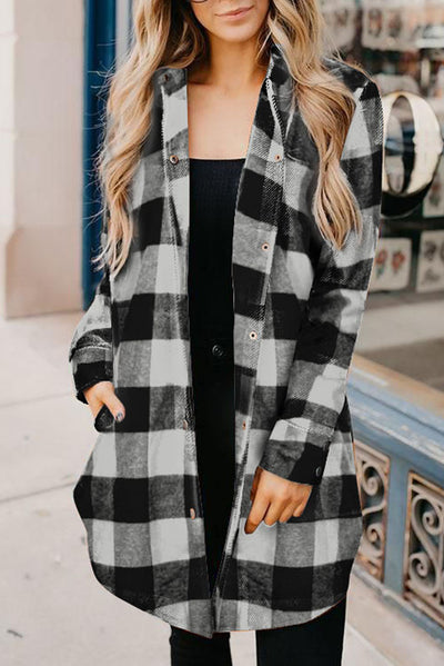 Black Turn-down Collar Plaid Shirt Coat-Outerwear-MomFashion