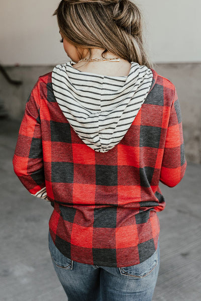 Fiery Red Christmas Plaid Striped Patchwork Drawstring Hoodie-Tops-MomFashion